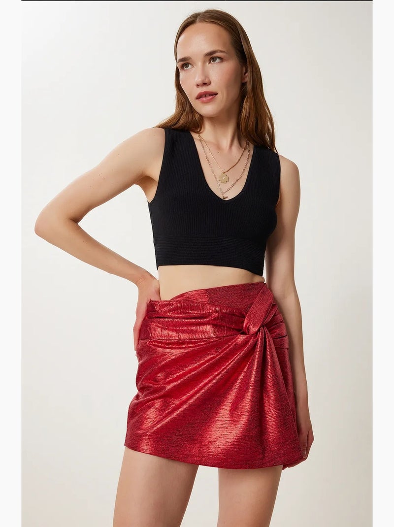 Mini-jupe taille haute avec détail à nouer istanbul Rouge bordeaux - Kiabi