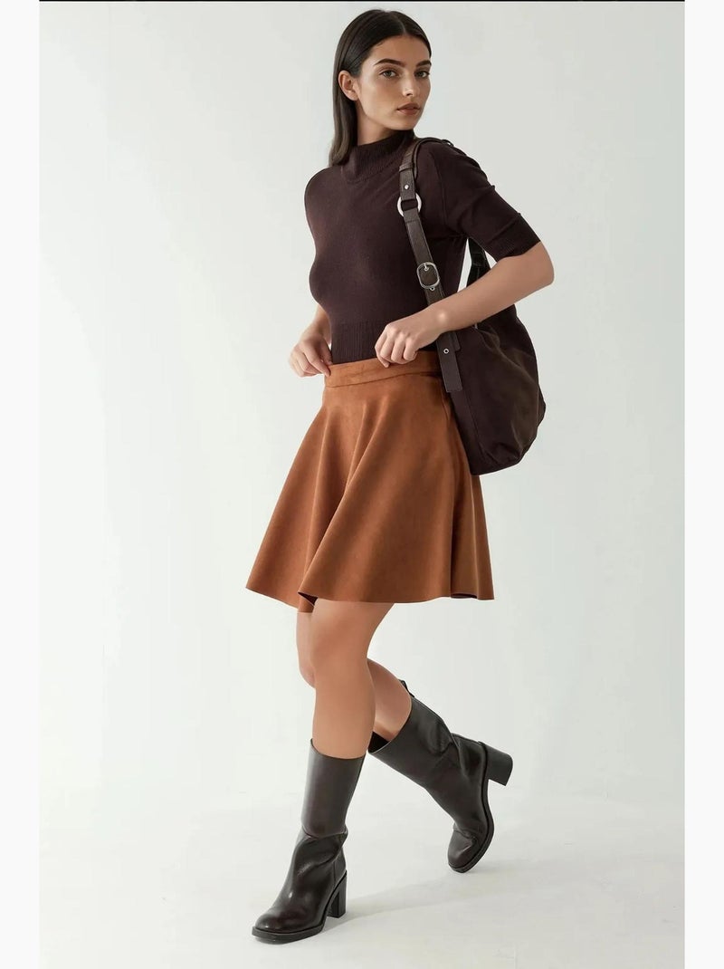 Mini-jupe taille haute en faux daim avec fermeture éclair hiccup Camel - Kiabi