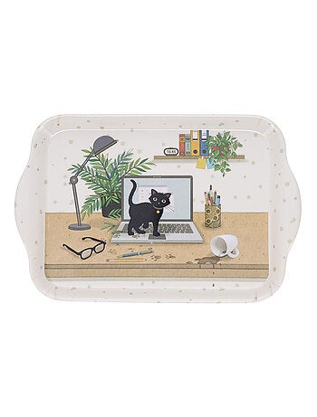 Mini plateau en mélamine chaton en télétravail 20 cm