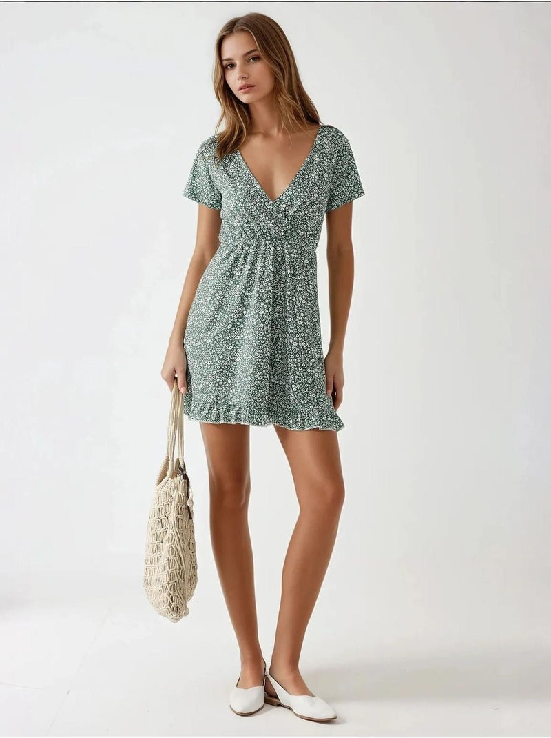 Mini robe à fleurs et col en v Vert - Kiabi