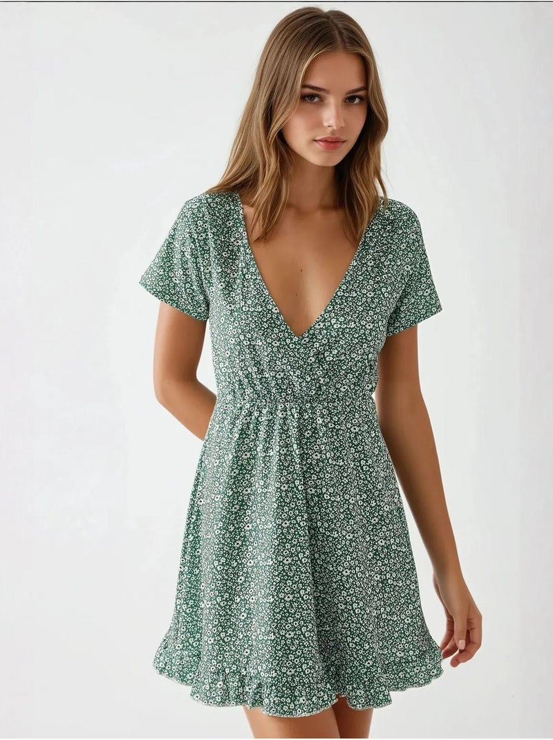 Mini robe à fleurs et col en v Vert - Kiabi