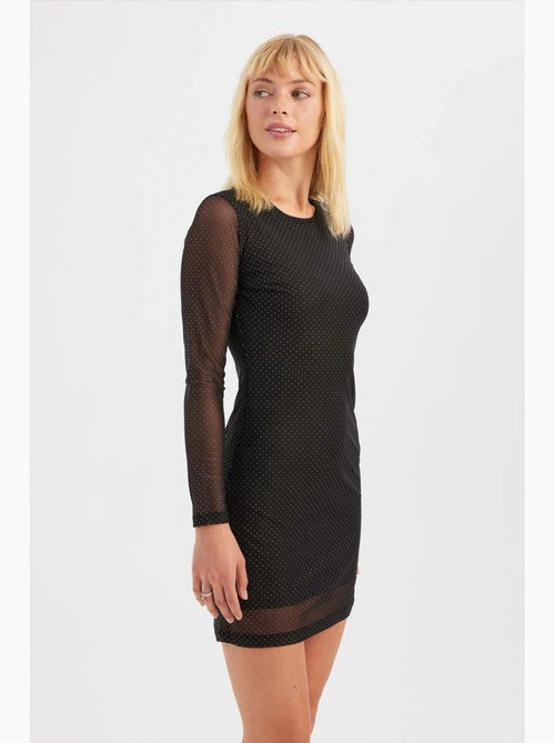 Mini-robe à manches longues et col rond en maille ornée de pierres hiccup - Kiabi