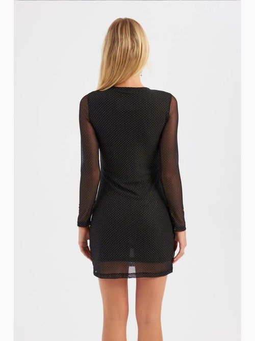 Mini-robe à manches longues et col rond en maille ornée de pierres hiccup - Kiabi