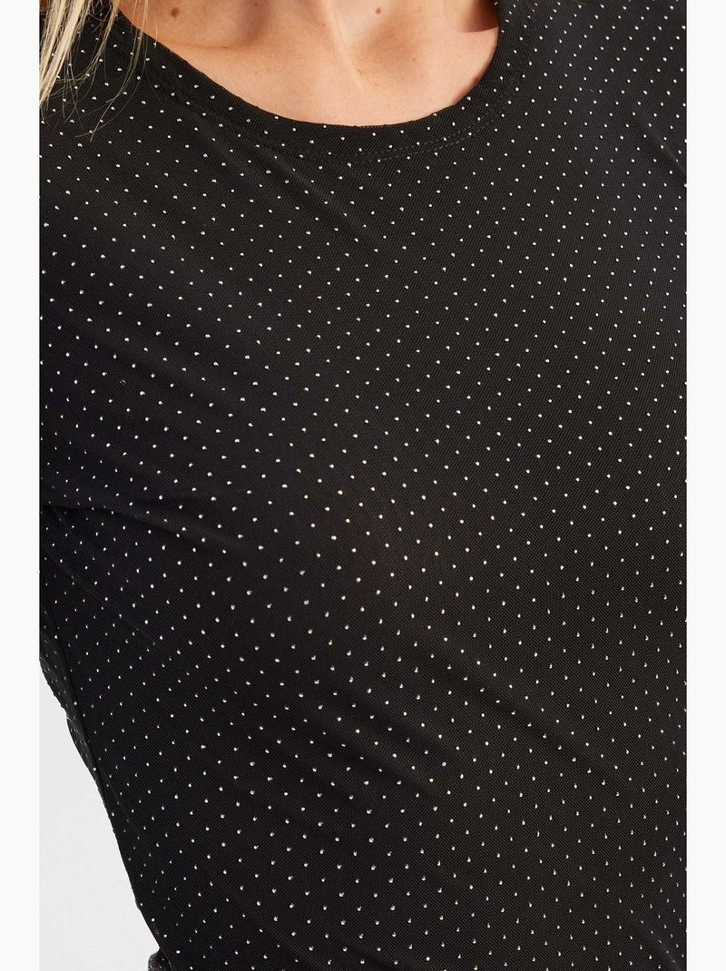 Mini-robe à manches longues et col rond en maille ornée de pierres hiccup Noir - Kiabi