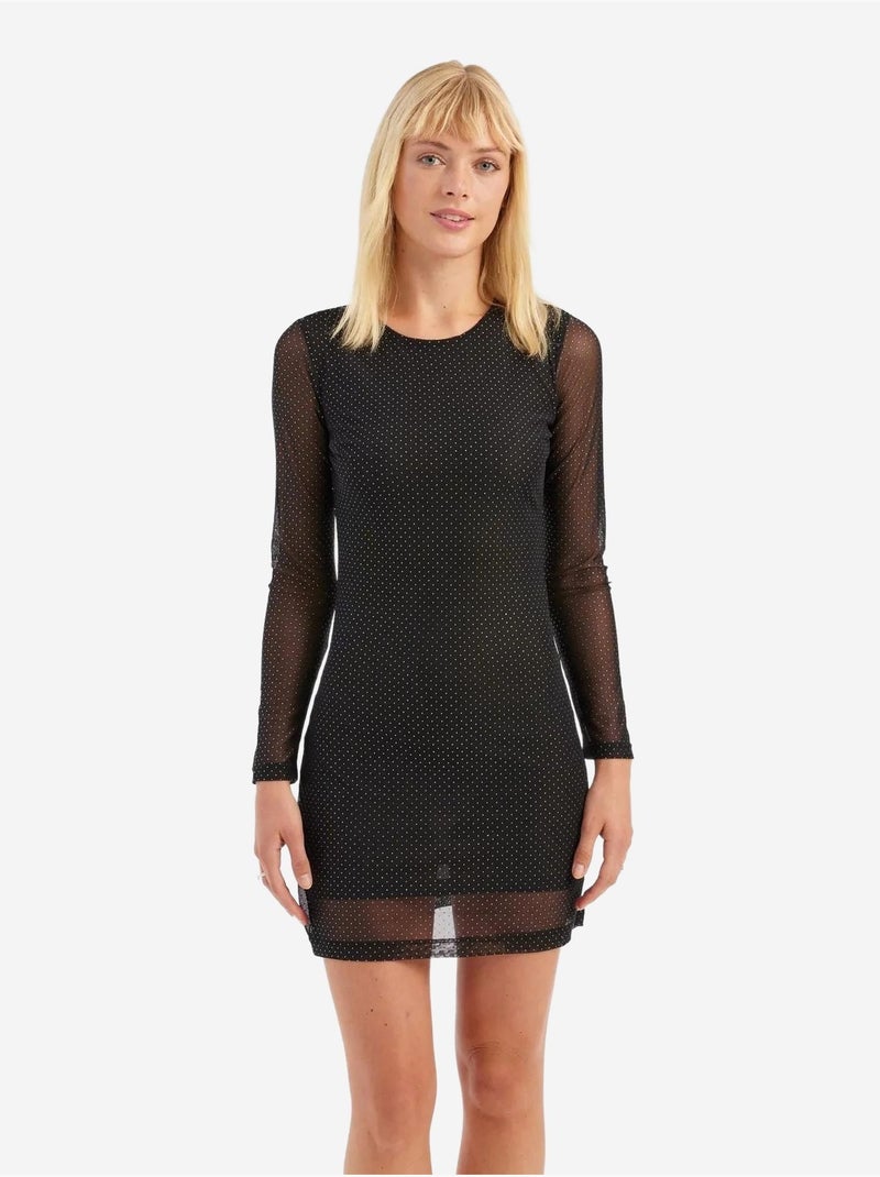 Mini-robe à manches longues et col rond en maille ornée de pierres Noir - Kiabi