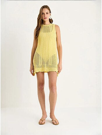 Mini-robe en tricot texturé à col licou avec détails en dentelle lucci