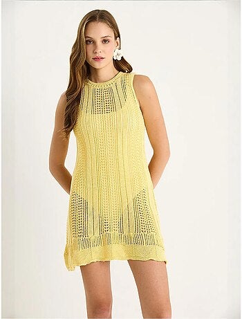 Mini-robe en tricot texturé à col licou avec détails en dentelle lucci