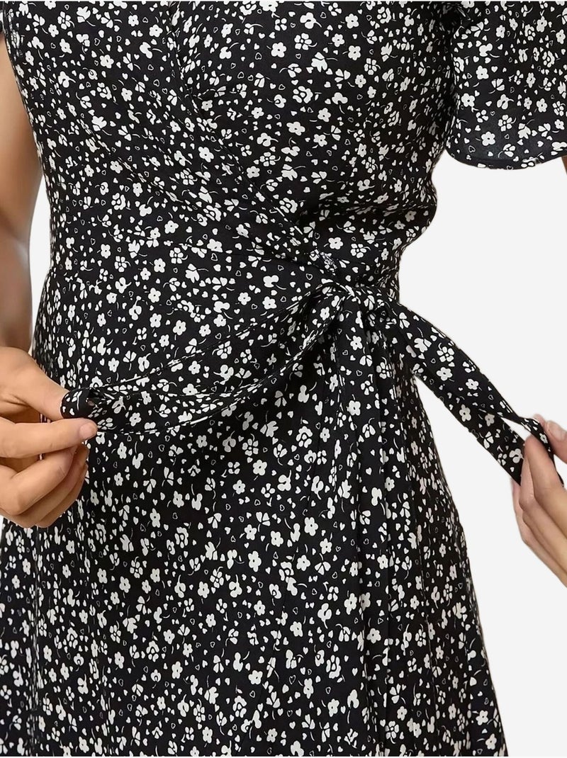 Mini-robe en viscose à col en v et motif fleuri hiccup Noir - Kiabi