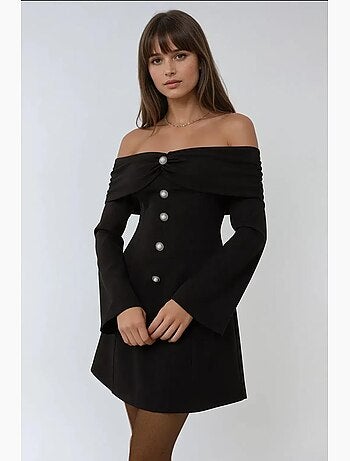 Mini-robe exclusive à épaules dénudées et détails boutonnés