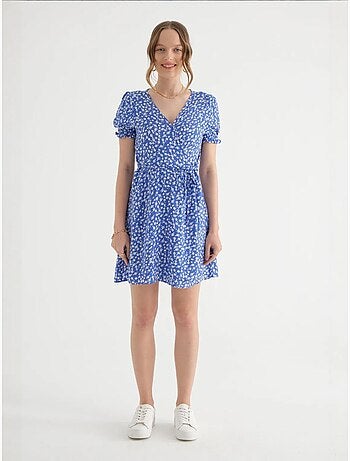 Mini-robe fleurie à manches bouffantes et col surplis avec cordon de serrage hiccup