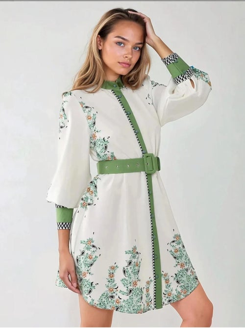Mini-robe imprimée à col ras du cou avec ceinture - Kiabi