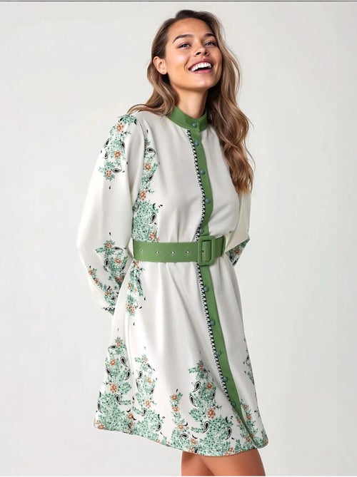 Mini-robe imprimée à col ras du cou avec ceinture - Kiabi