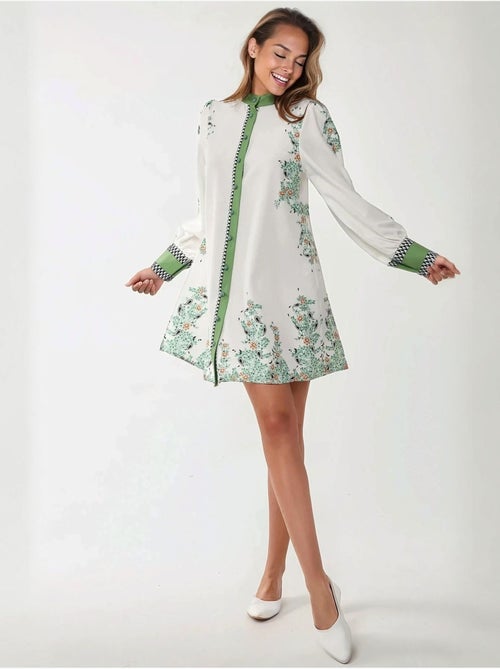 Mini-robe imprimée à col ras du cou avec ceinture - Kiabi