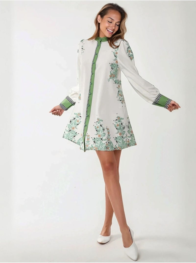 Mini-robe imprimée à col ras du cou avec ceinture Multicolore - Kiabi