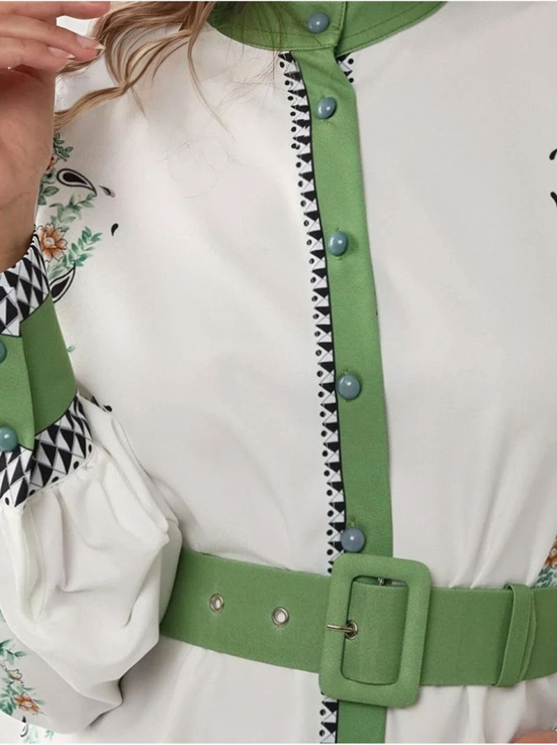 Mini-robe imprimée à col ras du cou avec ceinture Multicolore - Kiabi