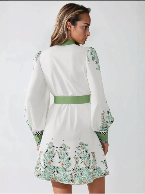 Mini-robe imprimée à col ras du cou avec ceinture - Kiabi