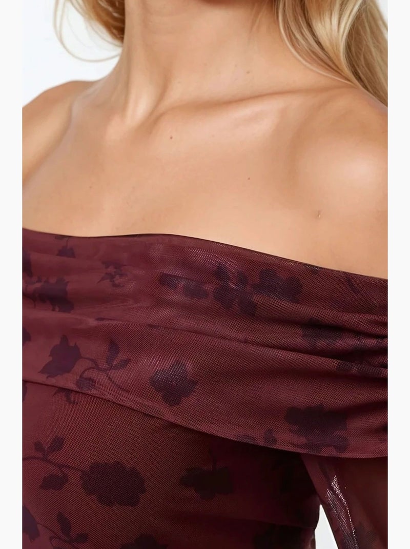 Mini-robe moulante à épaules dénudées et motif floral hiccup Rouge - Kiabi