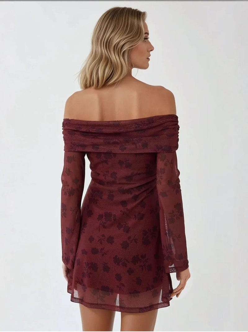 Mini-robe moulante à épaules dénudées et motif floral Rouge - Kiabi
