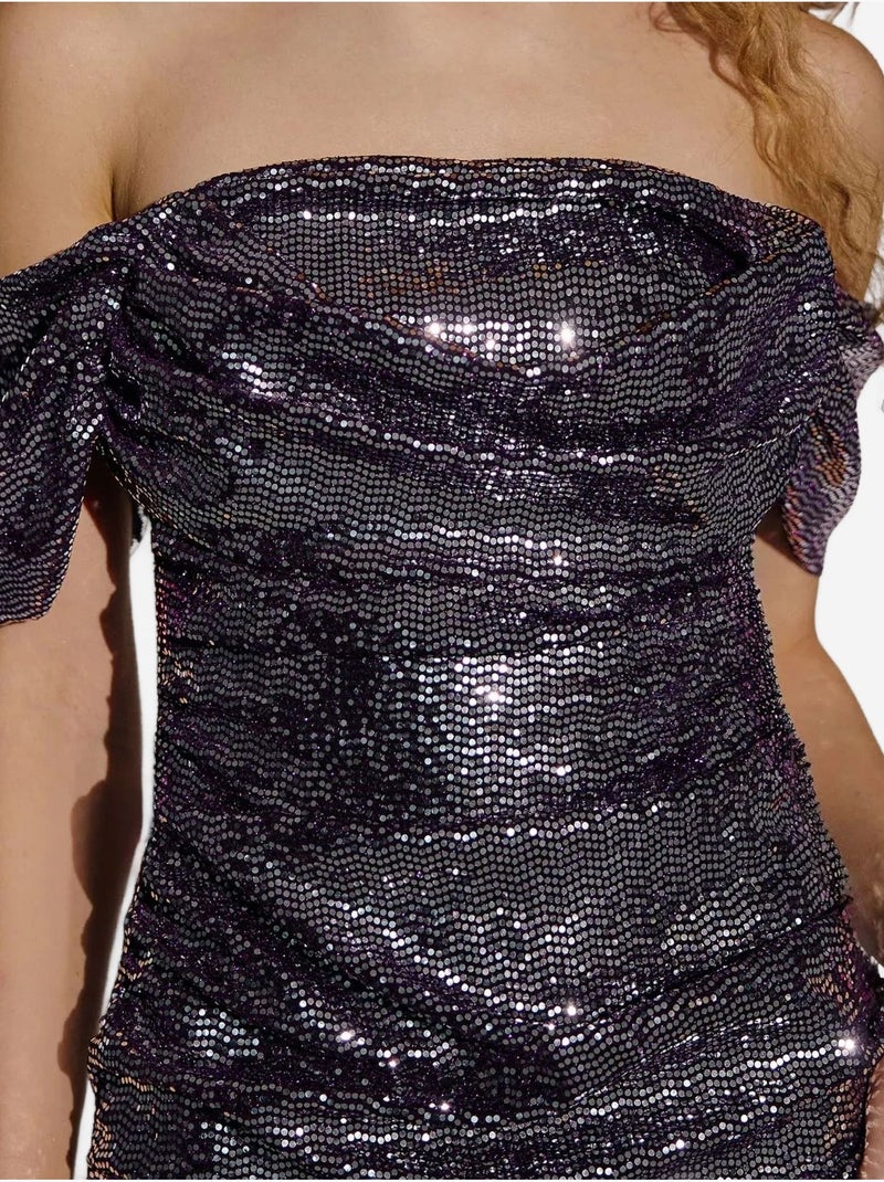 Mini-robe moulante à sequins et col bénitier Violet - Kiabi