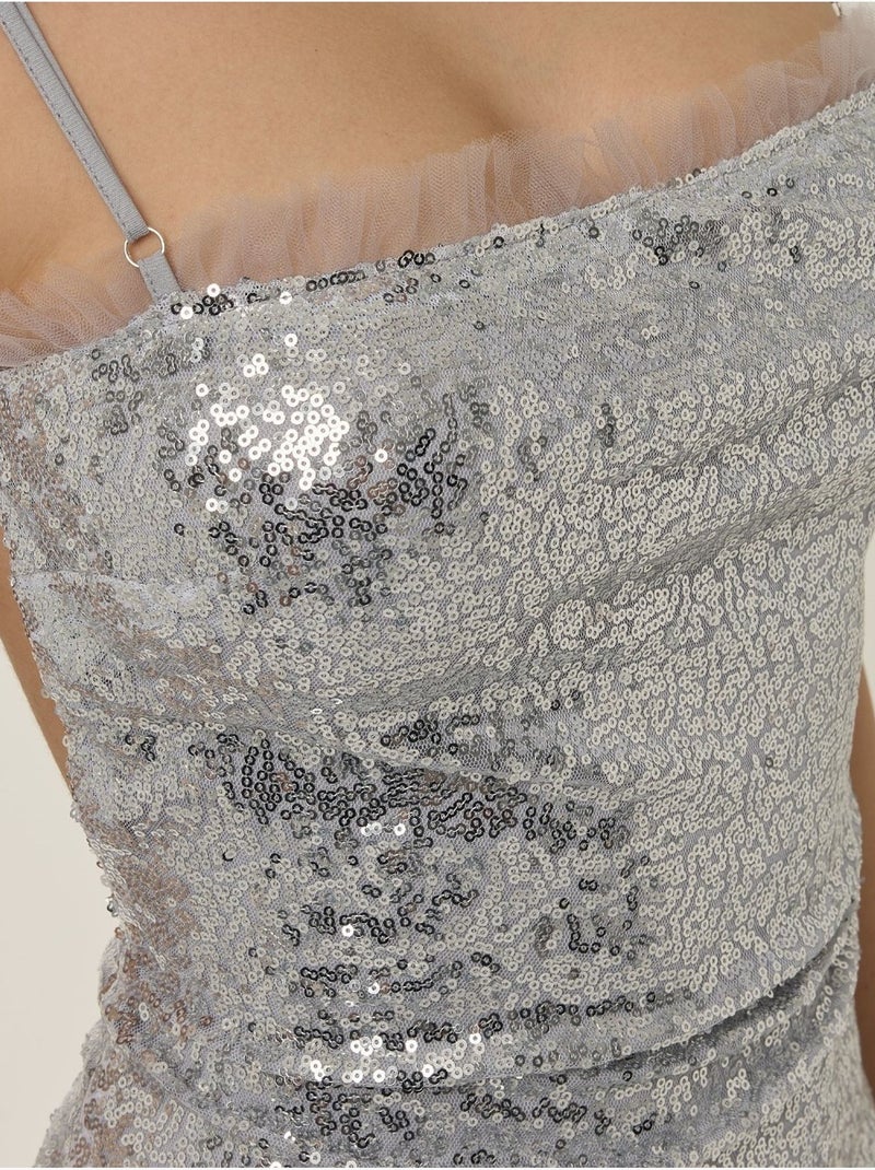 Mini robe moulante à sequins et col carré Gris moyen - Kiabi