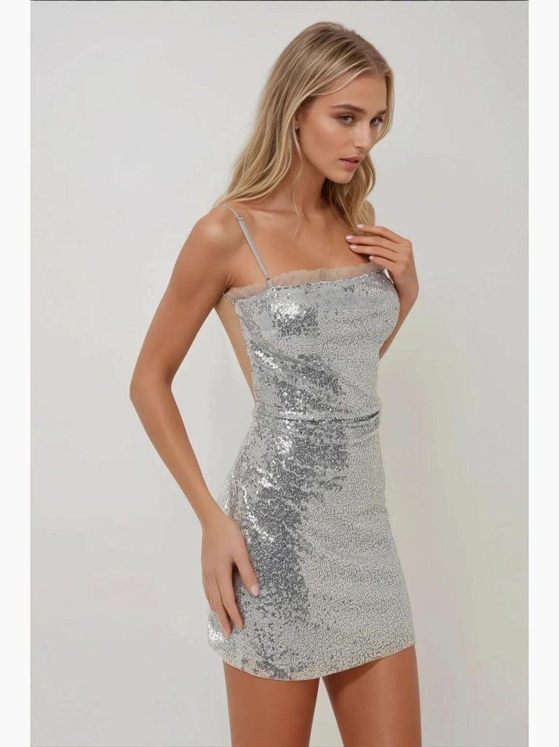 Mini robe moulante à sequins et col carré hiccup Gris moyen - Kiabi