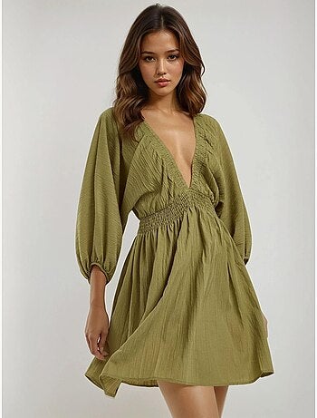 Mini-robe texturée à col en v et manches longues