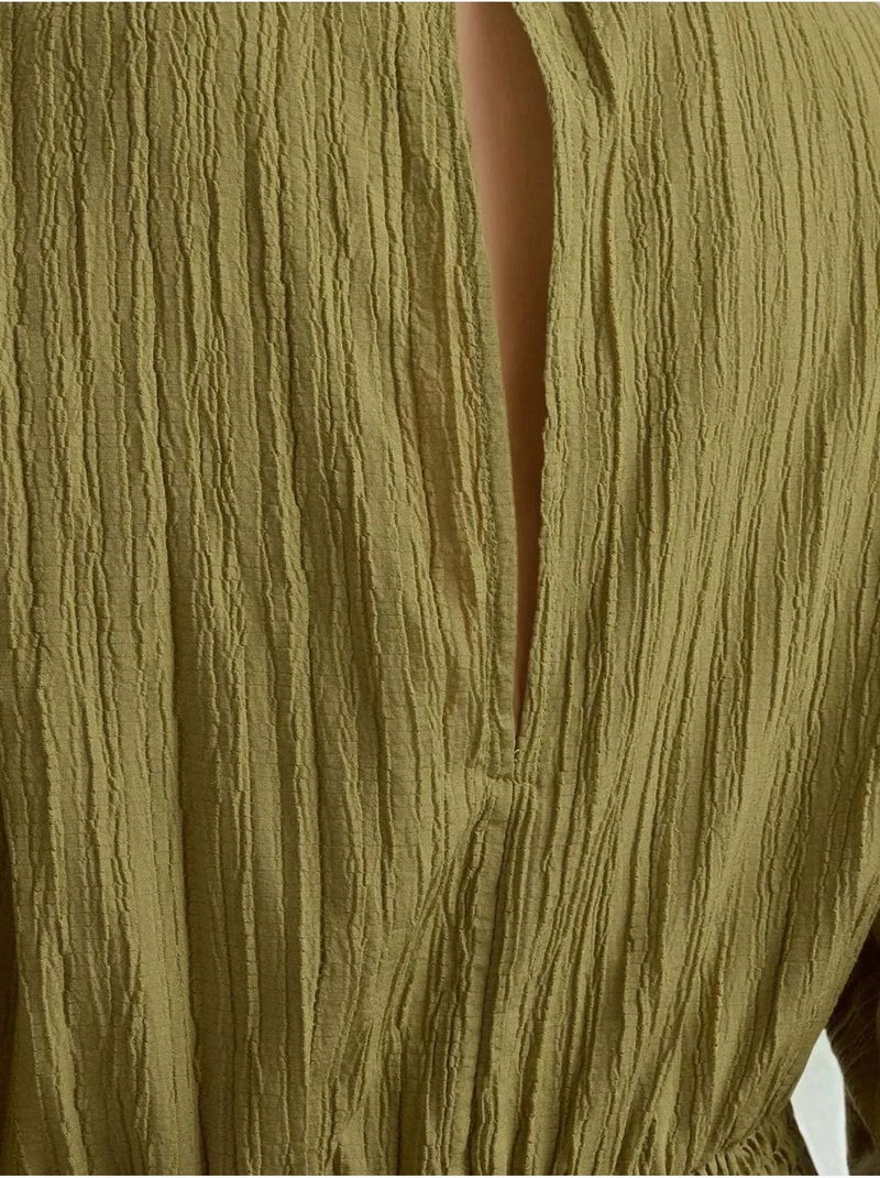 Mini-robe texturée à col en v et manches longues Vert - Kiabi