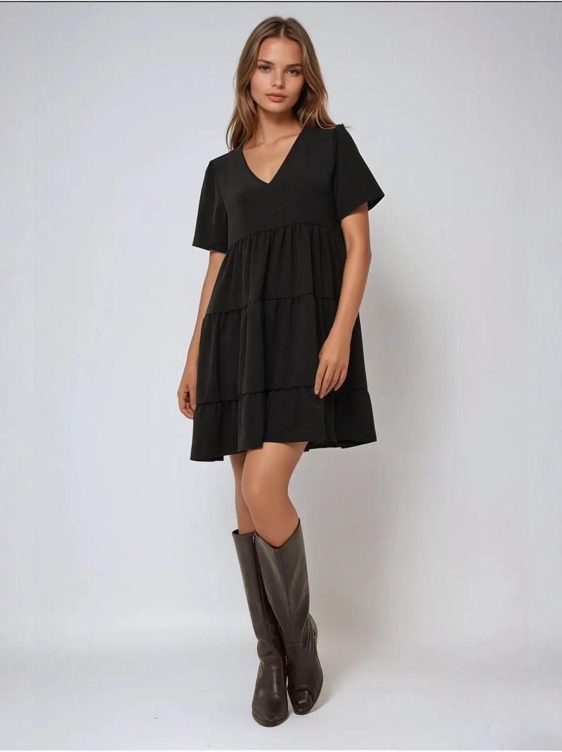 Mini-robe trapèze à col en V Noir - Kiabi