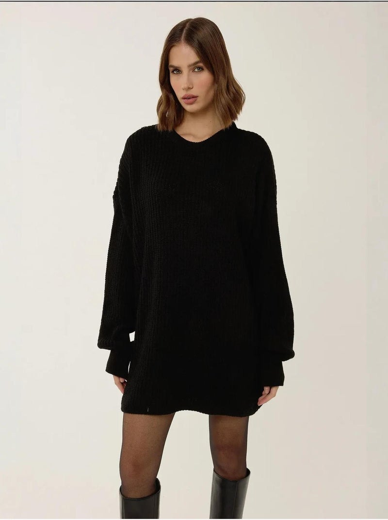 Mini-robe triko coupe décontractée à col rond Noir - Kiabi