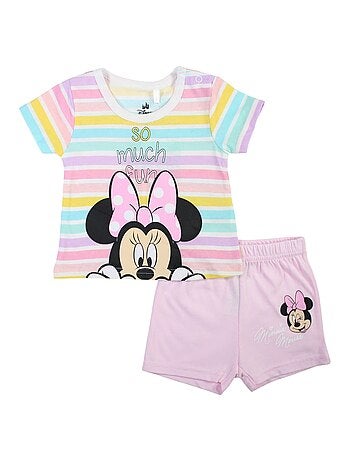 Minnie - Ensemble bébé fille t-shirt rayé et short rose motif personnage