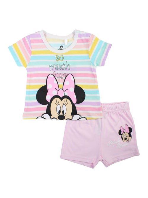 Minnie - Ensemble bébé fille t-shirt rayé et short rose motif personnage - Kiabi