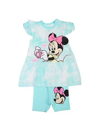 Minnie - Ensemble bébé fille tunique manches courtes à volants bleu et short motif personnage