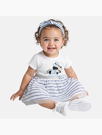 Minnie - Robe bébé fille manches courtes rayée avec bandeau motif personnage