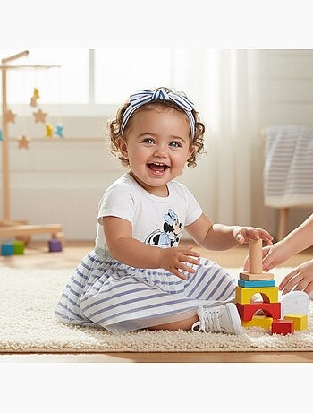 Minnie - Robe bébé fille manches courtes rayée avec bandeau motif personnage