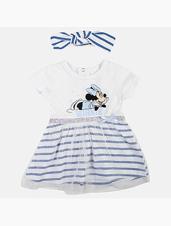 Minnie - Robe bébé fille manches courtes rayée avec bandeau motif personnage