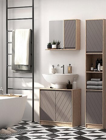 Miroir de salle de bain avec étagère et placard panneaux particules chêne clair gris