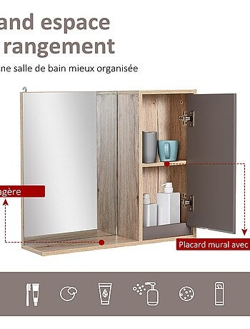 Miroir de salle de bain avec étagère et placard panneaux particules chêne clair gris