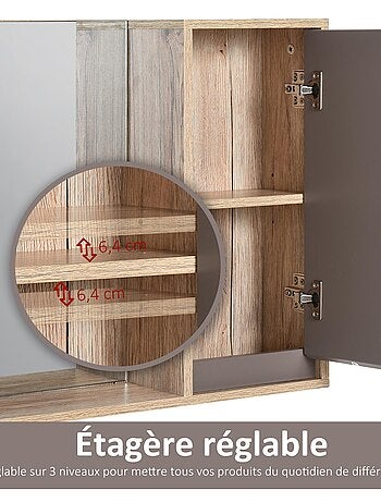 Miroir de salle de bain avec étagère et placard panneaux particules chêne clair gris