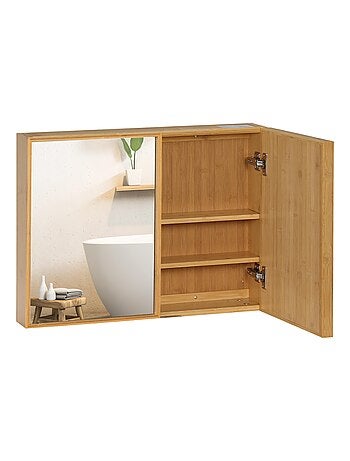 Miroir de salle de bain placard 2 portes - 2 étagères - bambou verni