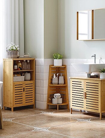 Miroir de salle de bain placard 2 portes - 2 étagères - bambou verni