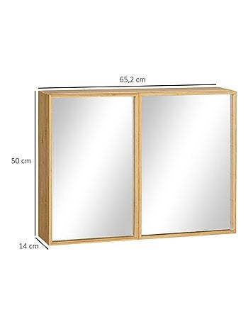 Miroir de salle de bain placard 2 portes - 2 étagères - bambou verni