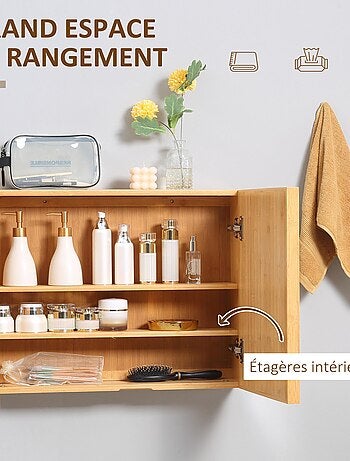 Miroir de salle de bain placard 2 portes - 2 étagères - bambou verni