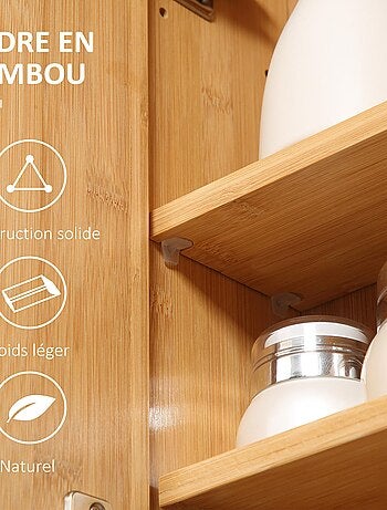 Miroir de salle de bain placard 2 portes - 2 étagères - bambou verni