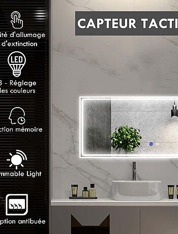 Miroir LED mural de salle de bain - 100L x 60H cm - tactile - antibué