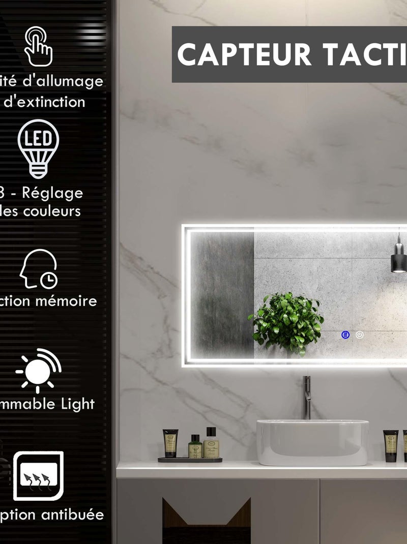 Miroir LED mural de salle de bain - 100L x 60H cm - tactile - antibué Gris - Kiabi