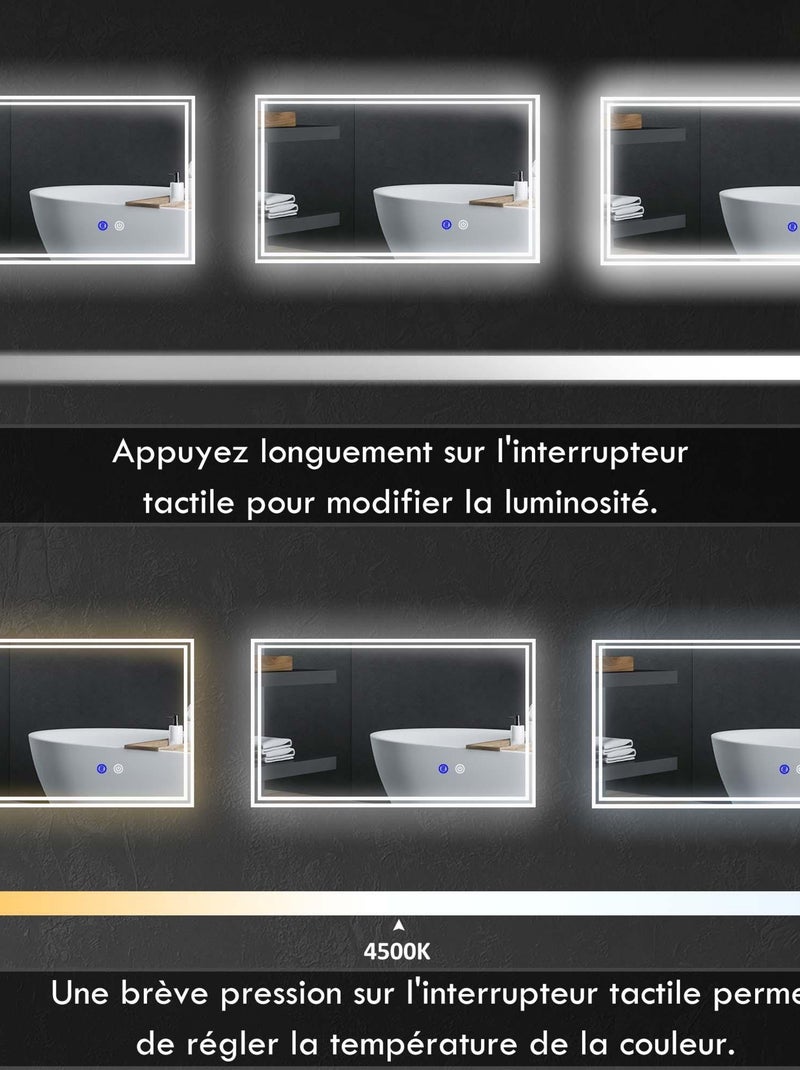 Miroir LED mural de salle de bain - 100L x 60H cm - tactile - antibué Gris - Kiabi