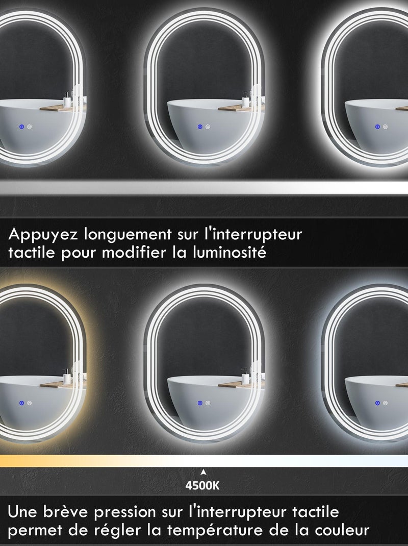 Miroir LED mural de salle de bain - 50L x 70H cm - tactile - antibué Gris - Kiabi