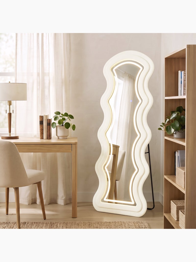 Miroir led ondulé pleine longueur 160x60cm velours crème Blanc Blanc - Kiabi
