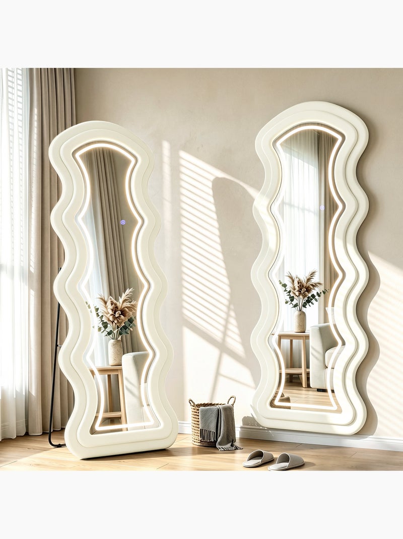 Miroir led ondulé pleine longueur 160x60cm velours crème Blanc Blanc - Kiabi