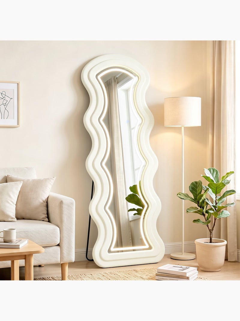 Miroir led ondulé pleine longueur 160x60cm velours crème Blanc Blanc - Kiabi